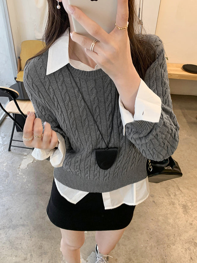 Designed with Korean Style, Gray Cable-Knit Sweater for Women, New Slim-Fit Short Top for Autumn and Winter
