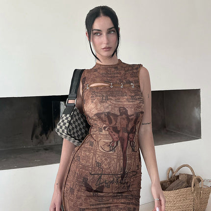 A518DS European and American Spice Girls 2024 Summer New Fashion Printed Round Neck Sleeveless Casual Long Slim Fit dress