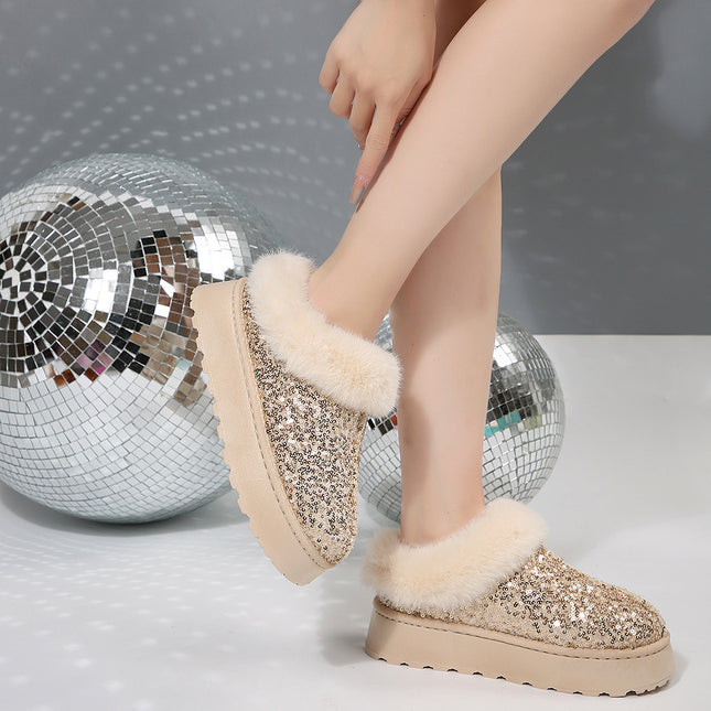 2025 New Large-Size Women's Thick-Soled Plush Snow Boots with Sequin Upper, European and American Style Women's Short Boots