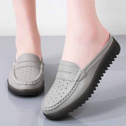 Muller Shoes 2024 Non-Slip Half-Slip Mom Shoes with Soft Soles, Perforated Women's Loafers, Low Heel, Hollow Design, Flat Comfortable Shoes