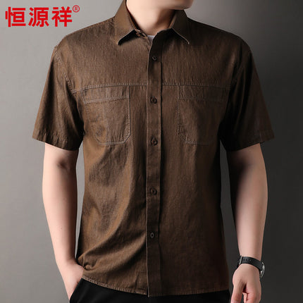 Hengyuanxiang Middle-aged Shirt Men's Pure Cotton Pocket Men's Shirt 2025 Summer New Business Casual Shirt