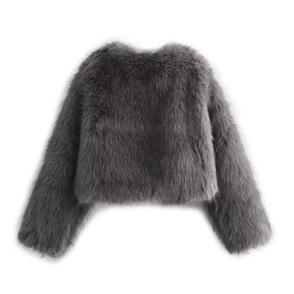 Foreign Trade European and American Winter New Style Fashionable Round Neck Long-Sleeved Artificial Fur Gray Jacket for Women 6318261