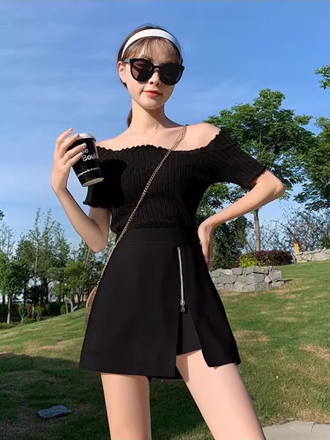 Women's 2024 Spring New Design Sense Zipper High Waist Slimming A- line Korean Style Skirt Pants