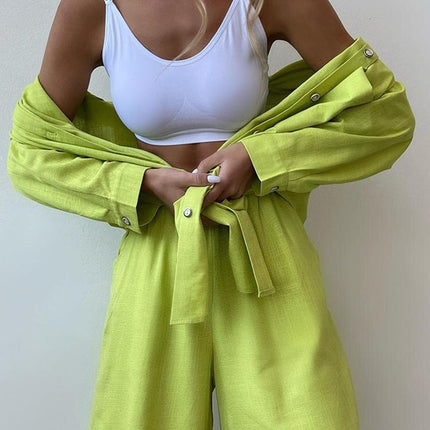 2024 spring European and American new solid color single-breasted long sleeve shirt loose fashion casual shorts suit in stock
