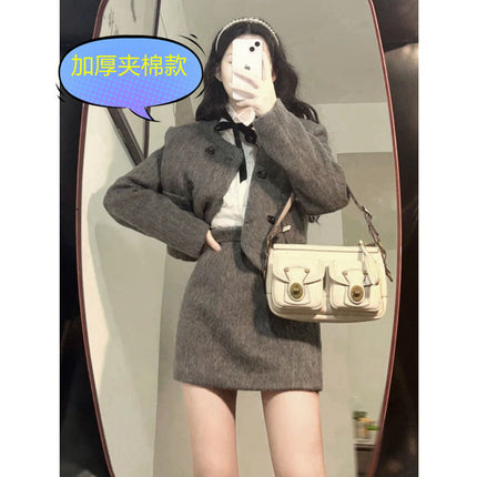 Thickened Spring and Winter Woolen suit Women's Fragrant Style Celebrity Elegant Slimming Short Coat High Waist Skirt Two-piece Set