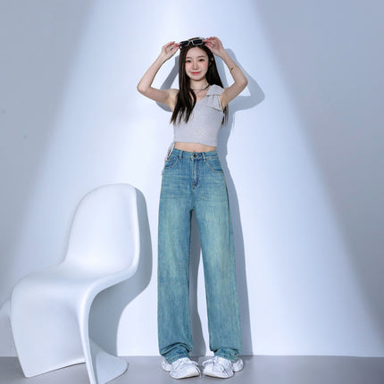 American Style Hot Drilling Peacock Green Straight Jeans Women's Spring and Summer 2025 New High Waist Loose Slimming Narrow Wide Leg Pants