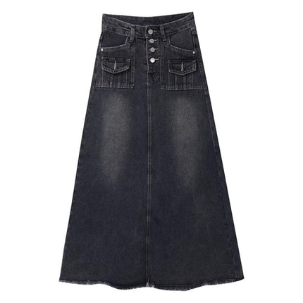 Blue Grey Denim Skirt Women's Trendy All-match New High Waist Slimming Vintage A- Line Mid-length Fishtail Skirt