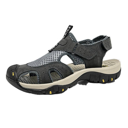 Summer Hole-In-The-Wall Men's Sandals Genuine Leather Thick-Soled Toe-Cap Men's Shoes Non-Slip Hollow Breathable Outdoor Casual Beach Sandals for Men