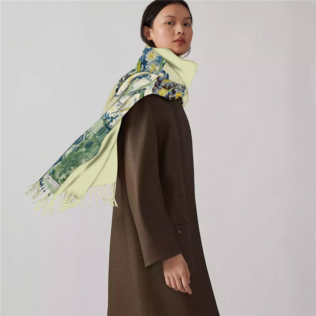 Cross-border winter Van Gogh oil painting series bottle Carnation cashmere tassel thick long scarf shawl warm scarf