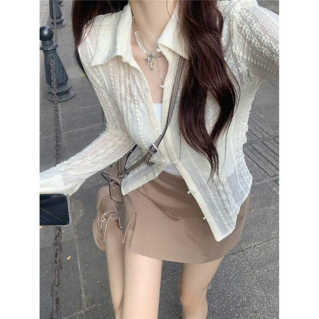 2023 Spring and Summer New Lace Sunscreen Long-sleeved Western-style Crochet See-through Shirt Women's V-shaped Split Skirt suit Trendy