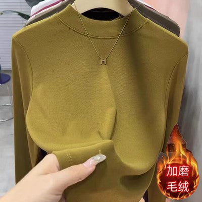 2025 Autumn and Winter New Style Plus Brushed Inner Small Stand-Up Collar Pure Color Simple Versatile Slimming Look Half Turtleneck Bottoming T-Shirt for Women