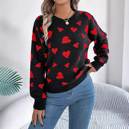 Clearance Sale Real Shot 2025 Autumn/Winter Casual Color-Block Heart Lantern Sleeve Pullover Sweater Amazon Cross-Border Valentine's Day