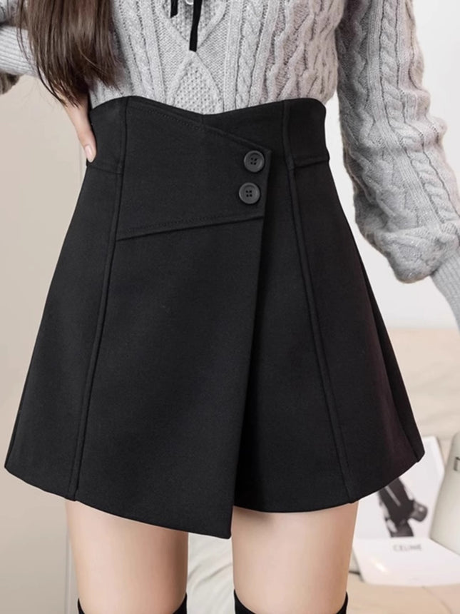 Short Pant Skirt Women's 2025 Spring New Design Sense Button High Waist Wide Leg Pants Fashion Casual Slim A- line Pant Skirt
