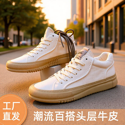 European station men's shoes genuine leather high-top shoes 2024 Four Seasons New breathable casual white shoes trendy all-matching board shoes