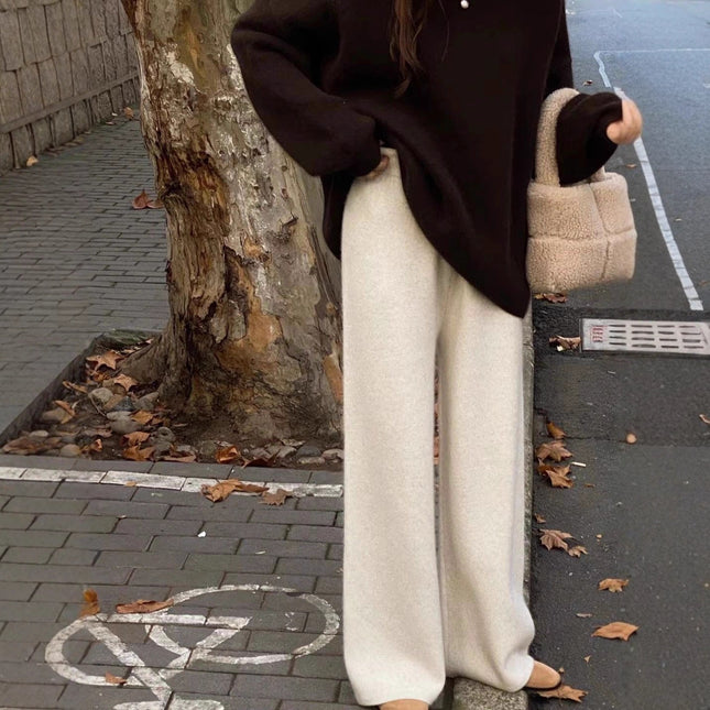 Pear-Shaped Figure Slimming Knitted Wide-Leg Pants for Women 2025 Autumn and Winter New Thickened Drape Floor-Length Casual Straight Pants