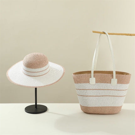 Foreign Trade Two-Piece Summer Straw Bag Set Large Brim Striped Straw Hat and Straw Bag Set Tote Handbag