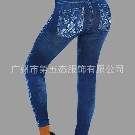 Casual Imitation Denim Printed Leggings