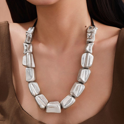 Cross-border ancient silver heavy industry geometric square black line woven exaggerated necklace trend temperament simple retro Korean products batch