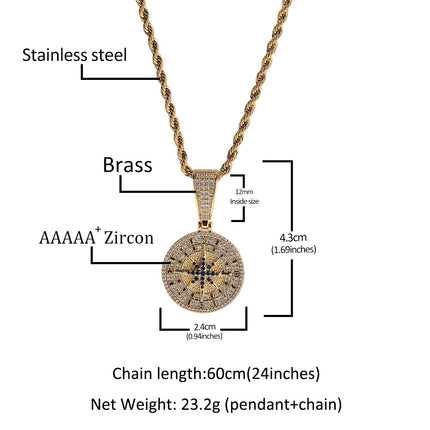 European and American hip-hop diamond-encrusted gold compass pendant necklace personality retro copper material pendant creative cross-border jewelry
