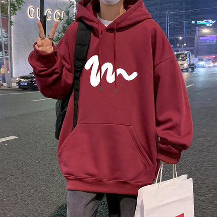 oversize heavy wine red hooded sweater men's autumn and winter fleece-lined American hiphop coat vintage top