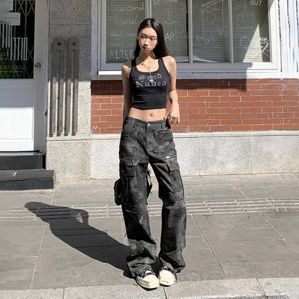 American Style Retro Spring and Summer New Style Spice Girls Wind Middle Waist Loose Multi-Pocket Design Sense Workwear Casual Straight Pants Women's Trendy