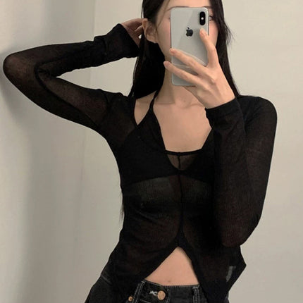 South Korea Dongdaemun Slim-fit Slim-fit Sexy Pure Desire Slightly Brewable Figure Short Long-sleeved T-shirt Top for Women