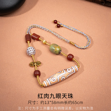 Natural Yellow Nine-Eyed Dzi Bead Necklace, Taiwanese Agate Pendant, Men's and Women's Couple's Braided Necklace, Ready for Sale