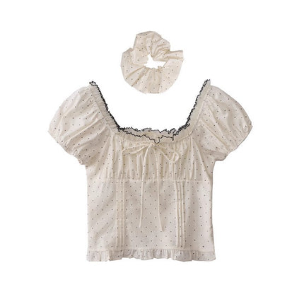 2025 Summer New French Style Retro Polo Dot Cotton Linen Lace Short Sleeve Shirt Women's Beautiful and Chic Top