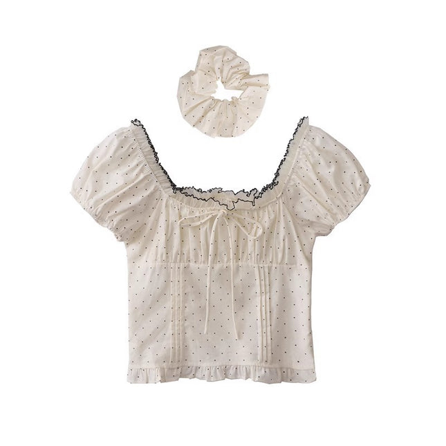 2025 Summer New French Style Retro Polo Dot Cotton Linen Lace Short Sleeve Shirt Women's Beautiful and Chic Top