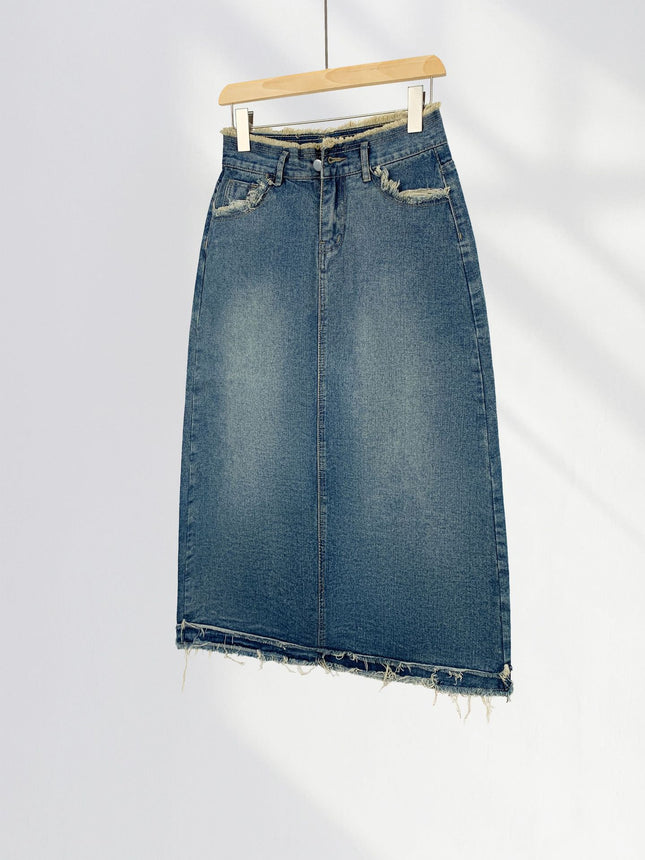 Pear-shaped figure recommend Korean style new retro frayed Denim skirt women's high waist mid-length A- line skirt small
