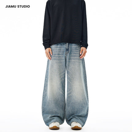 Jiamu American High Street Three-Color Baggy Jeans Unisex Loose Wide-Leg Scimitar Jeans Men's and Women's Silhouette