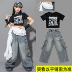 Music251 black short t+532 suspender denim trousers+white ruffled waistband / 110cm