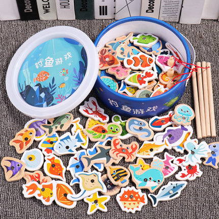 Magnetic Wooden Barrel Marine Fishing Toy Children's Early Education Educational Cognitive Fun Boys and Girls Parent-Child Games