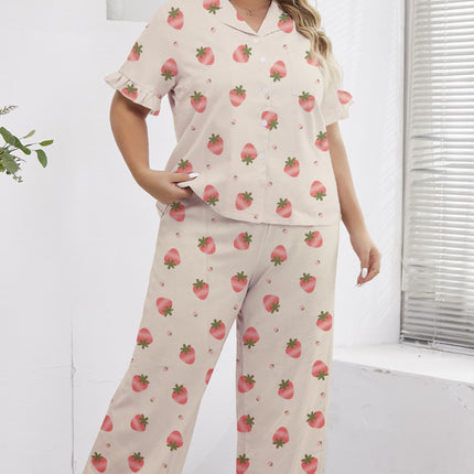 Cross-border Foreign Trade Special for Women's Pajamas Spring and Summer Fresh Strawberry Printed Lapel Two-piece Suit Casual Loose Home