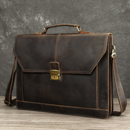 Masiwei Crazy Horse Leather 16-Inch Briefcase Business Retro Flap Laptop Bag Genuine Leather Handheld Document Bag Trendy