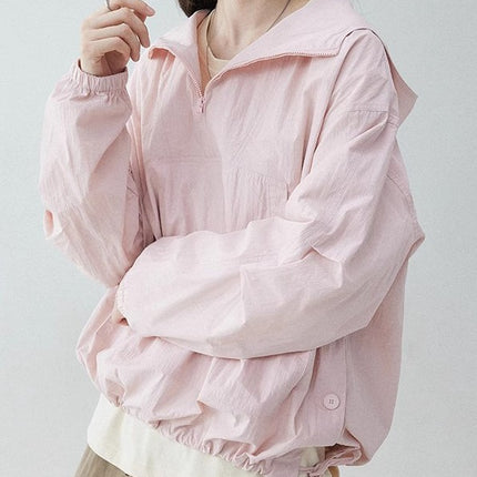 Sweet Style Half Open Collar Hooded Drawstring Coat Women's Spring New Pullover Solid Color Top