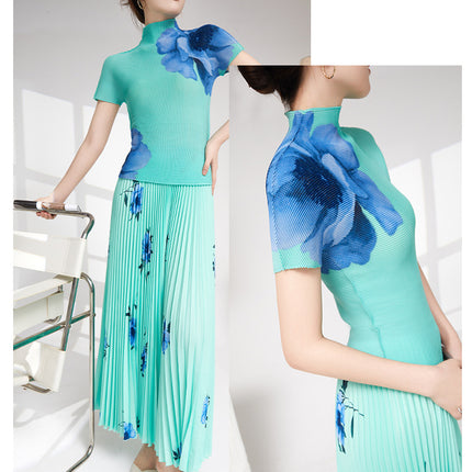 Long Skirt Set Women's Summer New High Quality Pleated T-Shirt Top Pleated Skirt Two-Piece Set Fashion