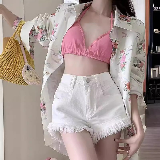 White Korean Style High Waist Fashion Fringe Hot Girl Denim Shorts 2024 Summer Rick Western Style Solid Color Hot Pants