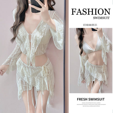 Hot Spring Swimsuit Women's Lace Fungus Top Asymmetrical Chiffon Skirt Bikini Four-Piece Set French Pure Lust Style