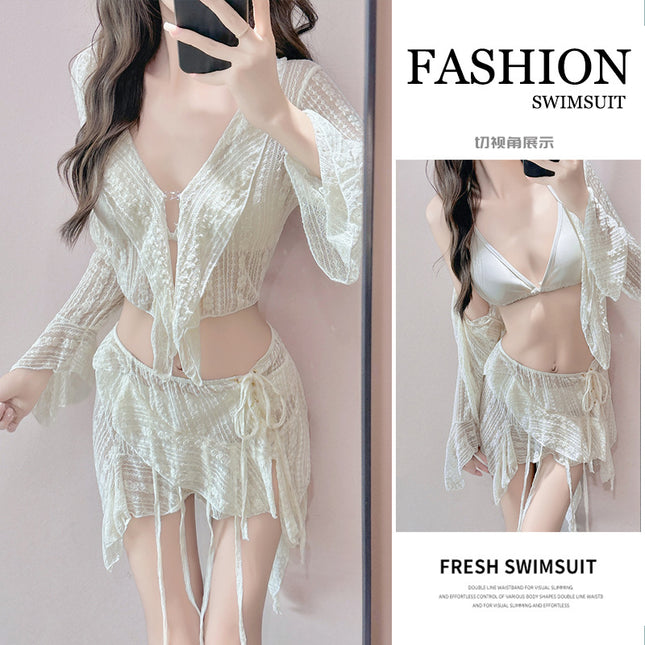 Hot Spring Swimsuit Women's Lace Fungus Top Asymmetrical Chiffon Skirt Bikini Four-Piece Set French Pure Lust Style