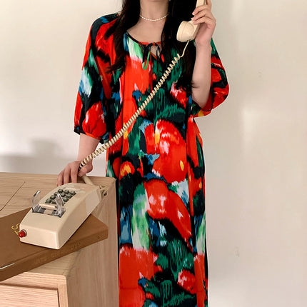 Mishiti Cotton Silk New Chinese Style Short-Sleeved Nightgown for Women, Summer Thin Style, National Style Cotton Silk Home Wear, Can Be Worn Outside