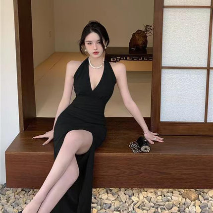 Hong Kong Style Vintage wine red Sleeveless Sexy Backless Split Neck Strap dress Beach Long Dress for Seaside Holiday