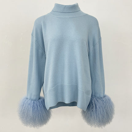 Women's Sweater Amazon Aliexpress Hot-Selling Autumn and Winter New Style Real Fox Fur Cuffs Loose High-Neck Knit Sweater for Women