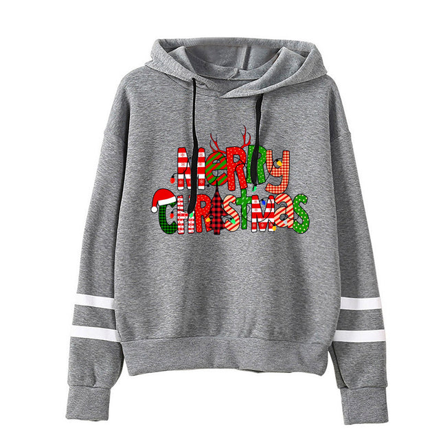 Christmas Merry Christmas printed parallel bars striped hooded hoodie European size plus size men's and women's cross-border