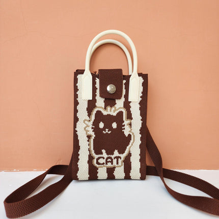 New Woven Simple Fashion Mobile Phone Bag Cute Cartoon Cat Knitted Bag Women's Small Square Bag Color Heart