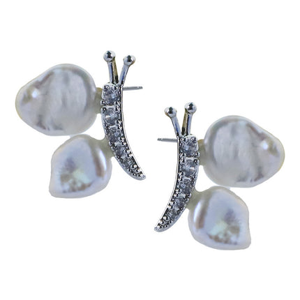 Natural Pearl Butterfly Zircon Sterling Silver Earrings High-End Baroque S925 Silver Simple Handmade Earrings Jewelry