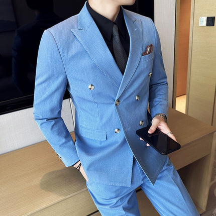 Suit suit Double-breasted Buckle Neck Suit Three-piece Fashionable Groom Pink Host Best Man Dress Men's Fashionable