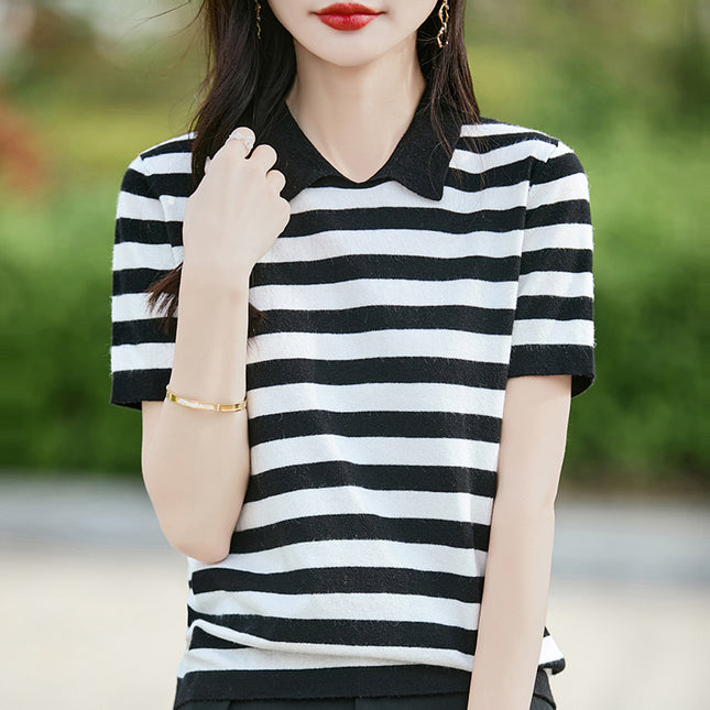 New Summer Women's Knitted Short-Sleeved Korean Style Polo Collar Stripesd Contrast Knitted T-Shirt Jacket Women's Tops Wholesale