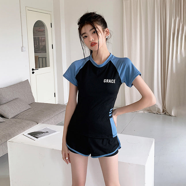 Sports Style Swimsuit for Female Students, Conservative Belly-Covering, Slimming Split, Flesh-Covering, High-Waisted Boxer Briefs, Hot Spring Swimsuit for Older Children