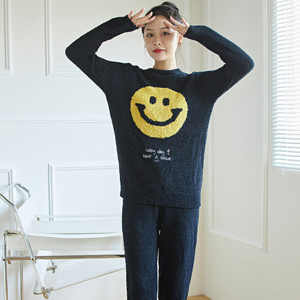 Japanese Style Soft Smiley Pajamas Women's Winter Half-side Velvet Thickened Warm Pajamas Cute Loose Home Clothes Set